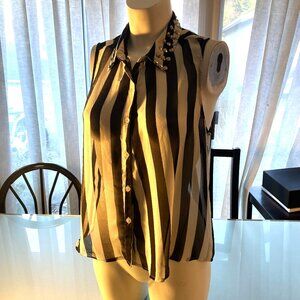 Sans Souci Black and White Striped Sheer Embellished Sleeveless Top Size L Large